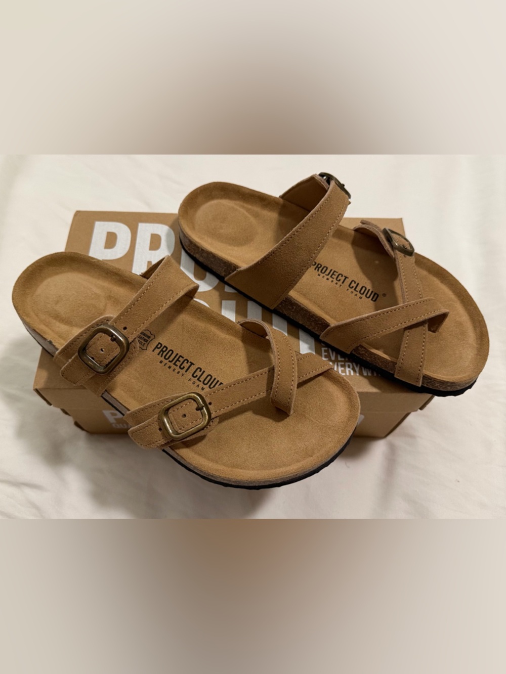 Suede Double-Buckle Slide Sandals in Camel